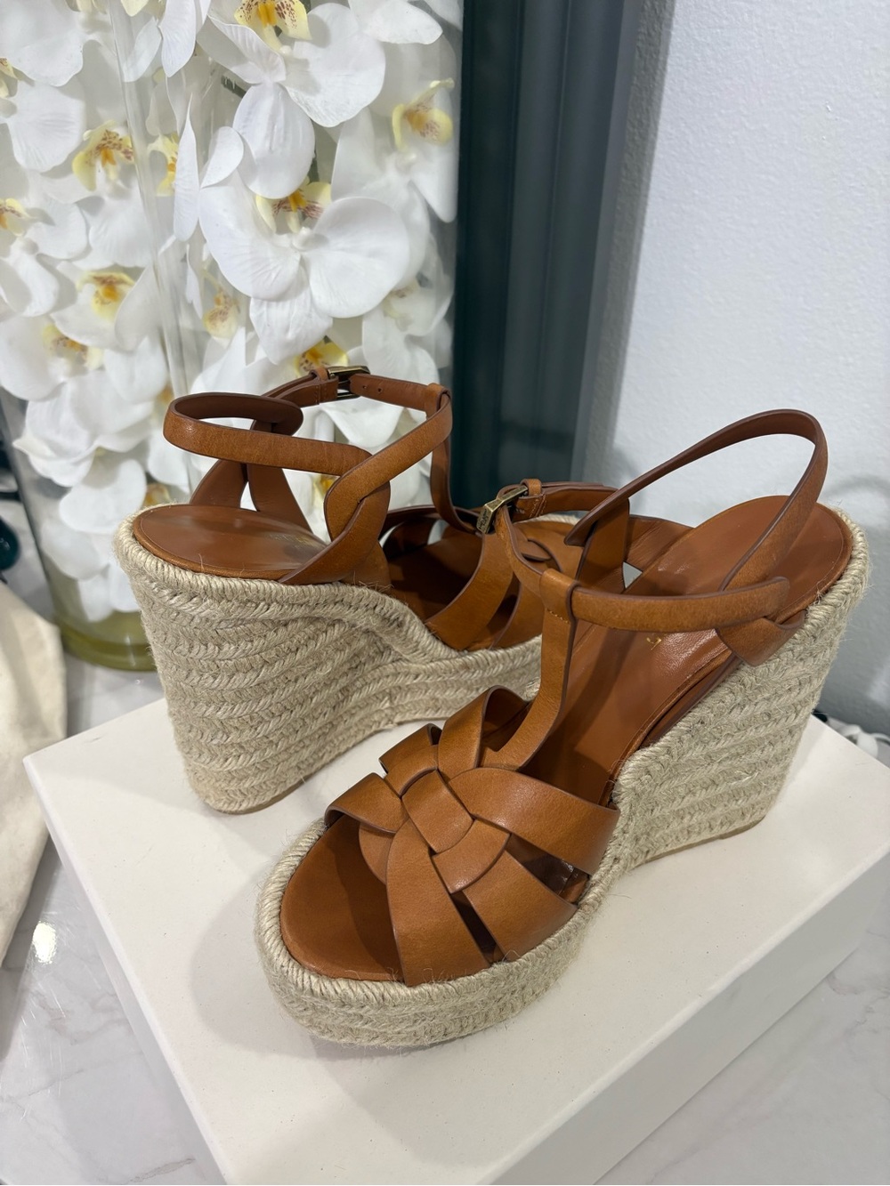 Saint Laurent Tribute Espadrille Wedge Sandals – Amber Smooth Leather – Size 40